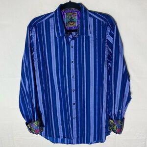 Robert Graham Blue Striped Classic Fit Shirt W Contrast Print Collar & Cuffs L